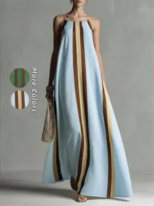 A-Line Loose Fit Colorblock Pleated Thin Strap Lightweight Long Dress, Stylish and Comfortable Design, Perfect for Casual Wear Summer, Casual Beach Sundress, Boho Sundresses