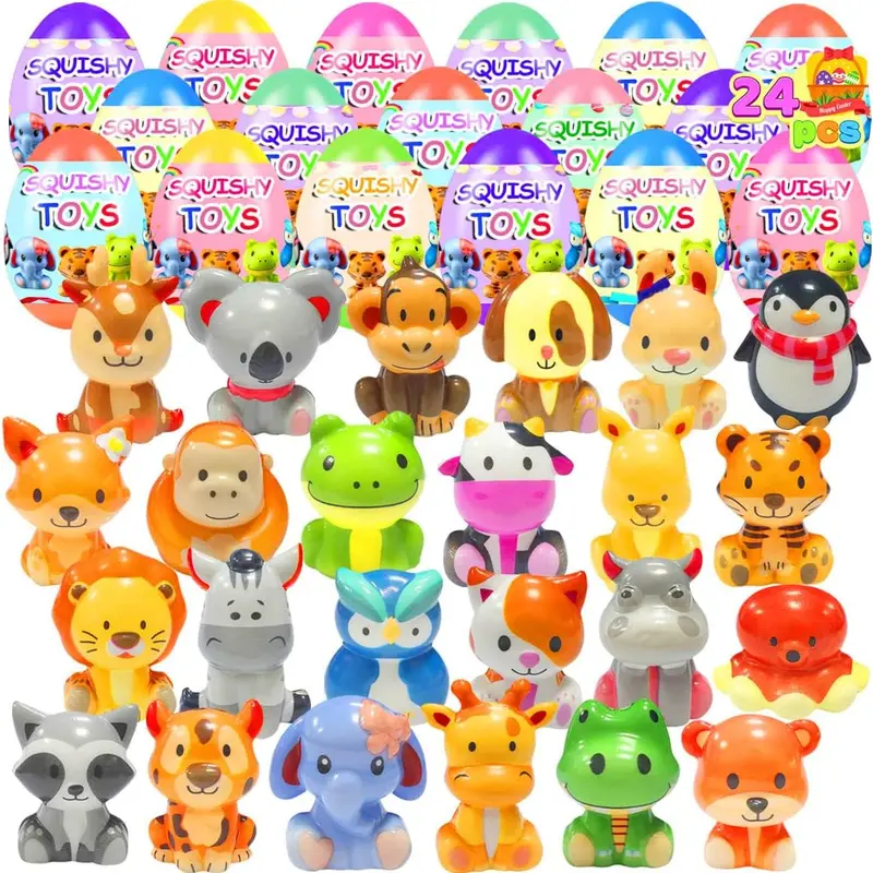 24 Pack Prefilled Easter Eggs with Animal Squishy Toys Slow Squeeze Toys for Kids Girls Boys Easter Basket Stuffers Party Favors Gifts Easter Egg Fillers