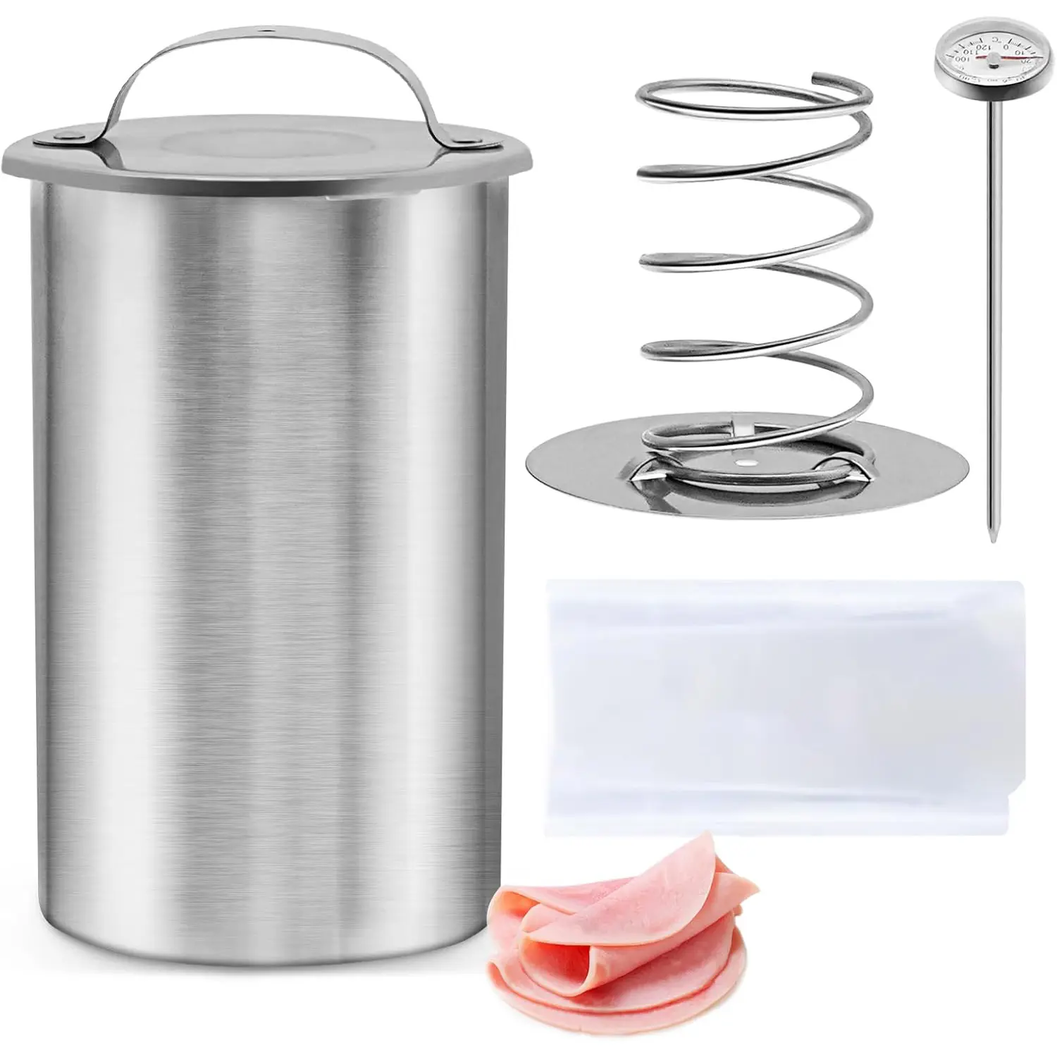Deli Meats Press Mold | Stainless Steel Ham Maker | Ham Press Mold with Meat Thermometer & 20 Vacuum Bags for Making or Storing Homemade Healthy Deli Meat