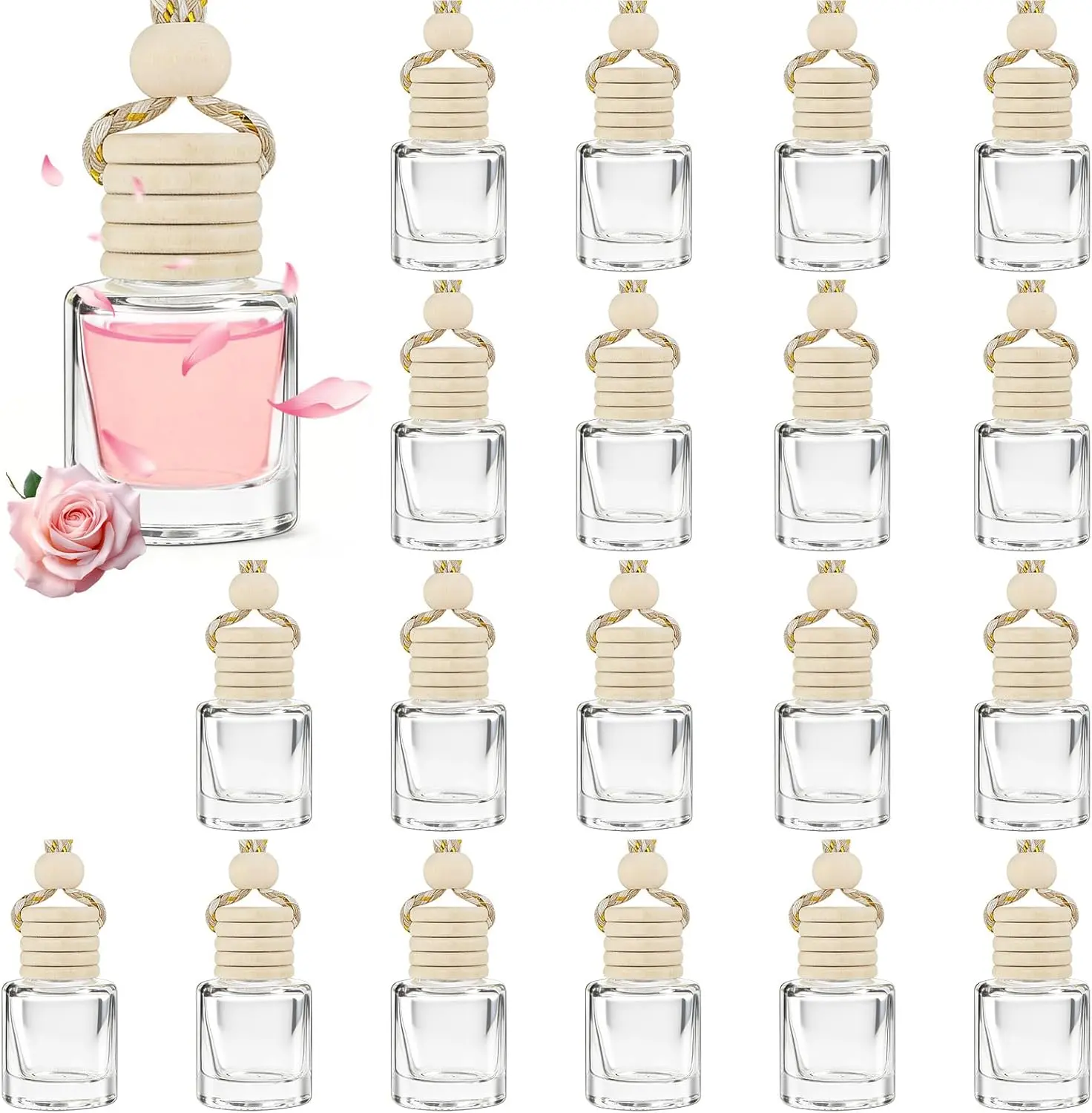 Pcs Car Diffuser Bottle Set with Wooden Caps,Dropper and Funnel, Empty Glass Car Air Freshener Bottle Bulk Hanging Essential Oil Fragrance Pendants for Car Decor,Can DIY Car Air Freshners Diffuser
