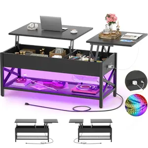 Aheaplus Coffee Table, Lift Top Coffee Table with LED Light and Power Outlet, Modern Lift-Top Center Table with Storage Shelf, for Living Room with Lift Tabletop, X Support Metal Frame
