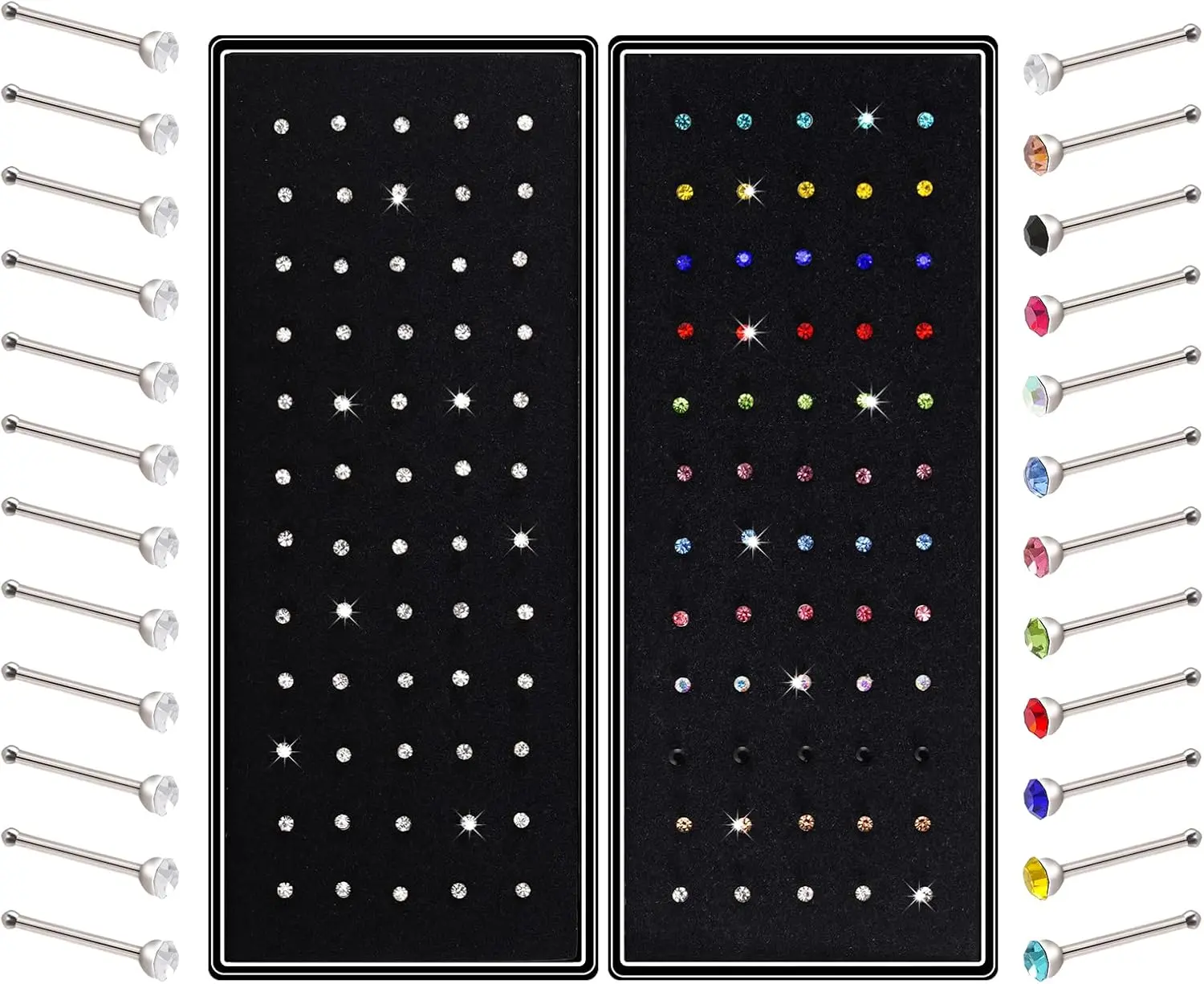 120-Piece Multicolor Stud Nose Rings, Stainless Steel Nose Piercing Jewelry for Women with 2.5mm Sparkling Cubic Zirconia