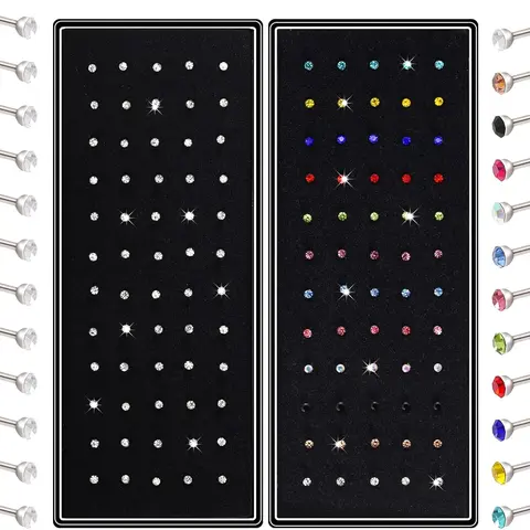 Cnomg Women's 2 Sets 120 Pcs Stainless Steel Multicolor Rhinestone Body Jewelry Set - CZ Nose Rings, Multiple Piercing Jewelry, 2.5mm Cubic Zirconia, 9.5mm Size, Rust-Resist Steel, Comfortable Anniversary Gift