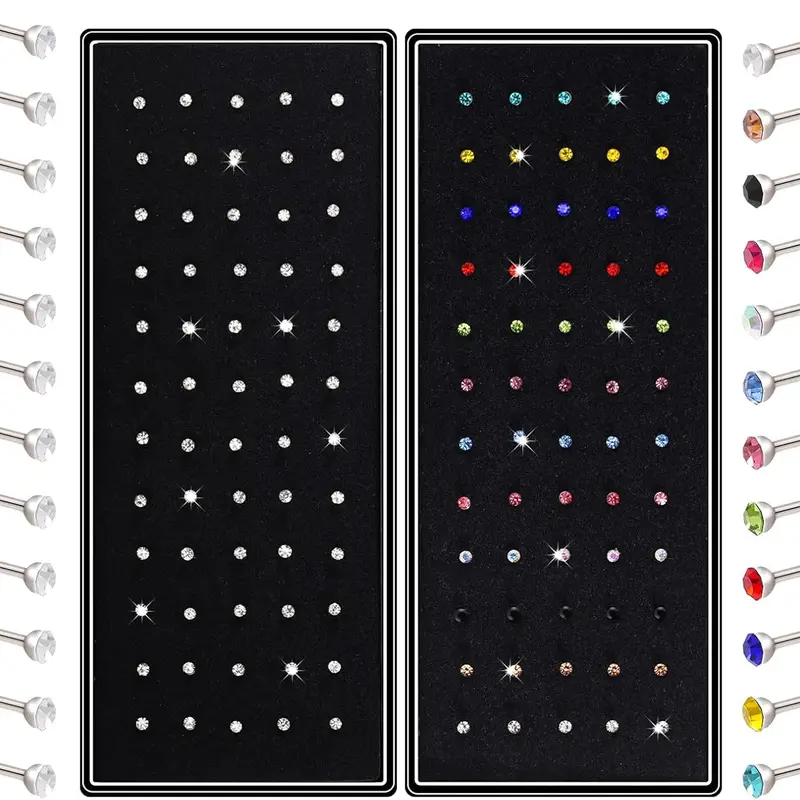 Cnomg Women's 2 Sets 120 Pcs Stainless Steel Multicolor Rhinestone Body Jewelry Set - CZ Nose Rings, Multiple Piercing Jewelry, 2.5mm Cubic Zirconia, 9.5mm Size, Rust-Resist Steel, Comfortable Anniversary Gift