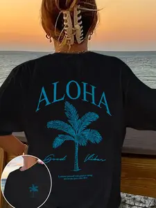 Women's Aloha Letter & Palm Tree Print Round Neck Tee, Casual Short Sleeve T-shirt for Summer, Ladies Clothes for Daily Wear