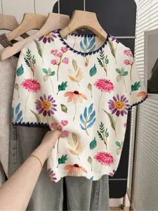 1 piece + French retro loose crew neck Round Neck elegant short-sleeve contrast trim beige women's knitted top with colorful floral prints, spring and summer top, summer casual women's wear, Womenswear, white top, casual top, knitted, Knitwear