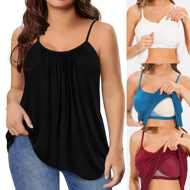 Women's Plus Size Flowy Pleated Viscose Tank Top with Built-in Padded Bra, Casual Summer Cami with Adjustable Straps, Basic, Plussize, Tank Tops For Women