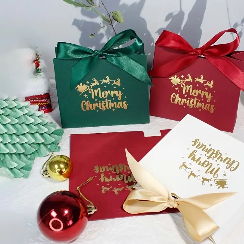 12pcs Mini Christmas Gift Boxes with Ribbon - Festive Red & Green 'Merry Christmas' Design for Candy, Chocolates & Small Presents - Ideal for Holiday Decor, Party Favors & Stocking Stuffers