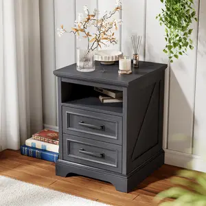 LINGMU Modern Farmhouse Nightstand with Built-in Charging Station, Storage Drawer & Open Wood Shelf – Compact Bedside Table for Bedroom, Living Room, Small Spaces