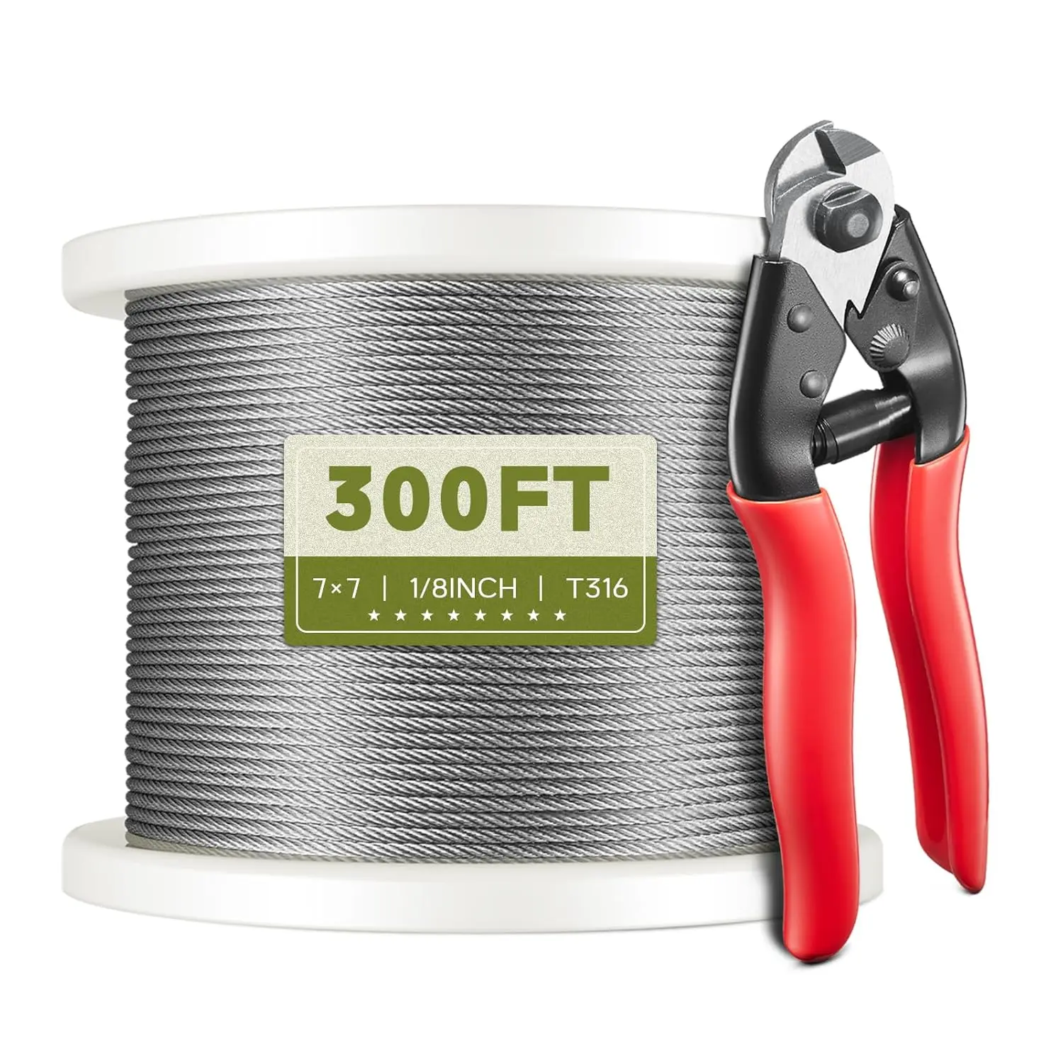 T316 Grade Stainless Steel Aircraft Wire Rope, 1×300 ft Railing Wire (1/8" Diameter, 7x7 Strands Heavy Duty), Marine Rope for Deck Fence Railing Kit, DIY Balustrades, Garden Decorations (With Accessories)
