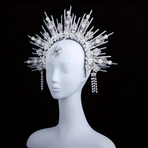 A Lady's Golden Zipper With Pointed Halo Crown Headband In Silvery With White Beads Tassel, Goddess Halo Headpiece For Wedding Photography Props, Party Stage Performance, Carnival Costume Headwear.