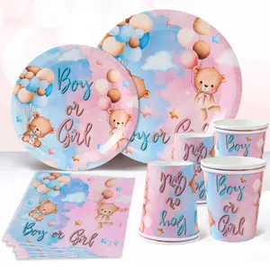 New Pink Blue Teddy Bear Disposable Tableware Set Boy or Girl Paper Napkin Plate Gender Reveals Baby Shower Party Decor Supplies Gifts