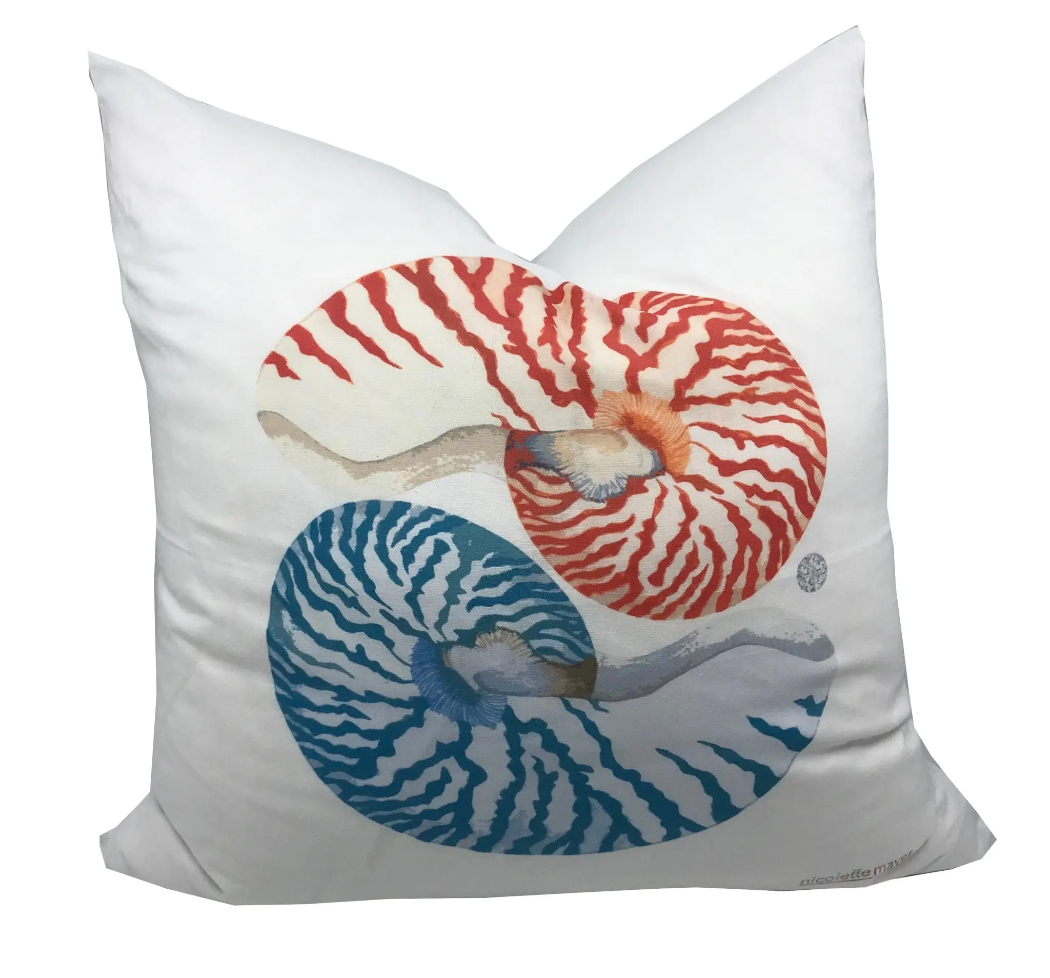 Nautilus Coral Turquoise Linen Cotton 22x22 Square Pillow