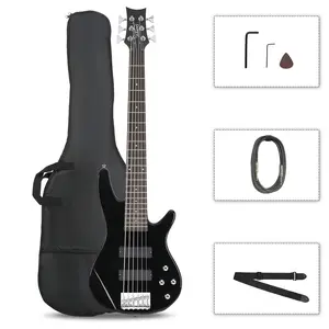 Full Size GIB 6-String Electric Bass Guitar Set – Black with Bag, Strap & Tools