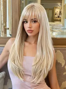 22 Inch Long Straight Wigs for Women, Gorgeous Fluffy Wigs with Bangs, Synthetic Full Machine Wigs for Party, Daily Use, Synthetic Hair Wigs