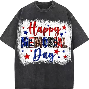 Happy Memorial Day Leopard Print American Flag Washed Cotton T-Shirt, Patriotic Casual Oversized Tee, Soft Breathable Memorial Day Outfit For Women