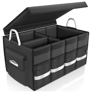 Oasser Trunk Organizer Cargo Organizer Trunk Storage Waterproof Collapsible Durable Multi Compartments with Foldable Hard Cover Aluminium Alloy Handle Reflective Strip (Large, Black)