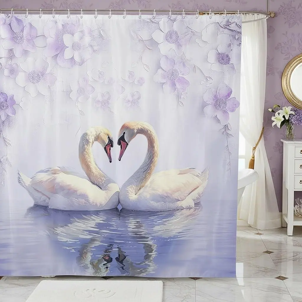 Swan Couple Shower Curtain Valentine's Day Bathroom Shower Curtain Set Adult Romantic Love Bath Curtain Purple Flowers Waterproof Curtains Room Decor