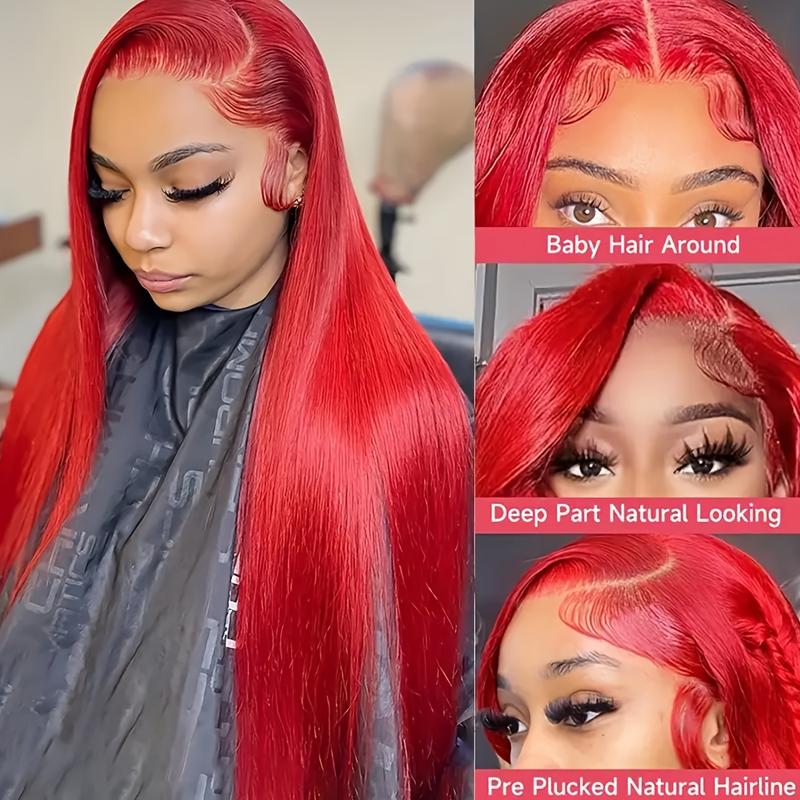 34Inch 250 Density Red Straight 13x4 HD Lace Front Wigs Human Hair Pre Plucked With Baby Hair 12A Brazilian Remy Long Straight 13x4 Invisible Lace Frontal Human Hair Wigs For Women Red Color