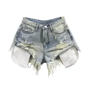 Korean Vintage Blue Sexy Ripped Jeans for Women Patchwork A-line High-waisted Denim Ultra Shorts Bottoms Womenswear
