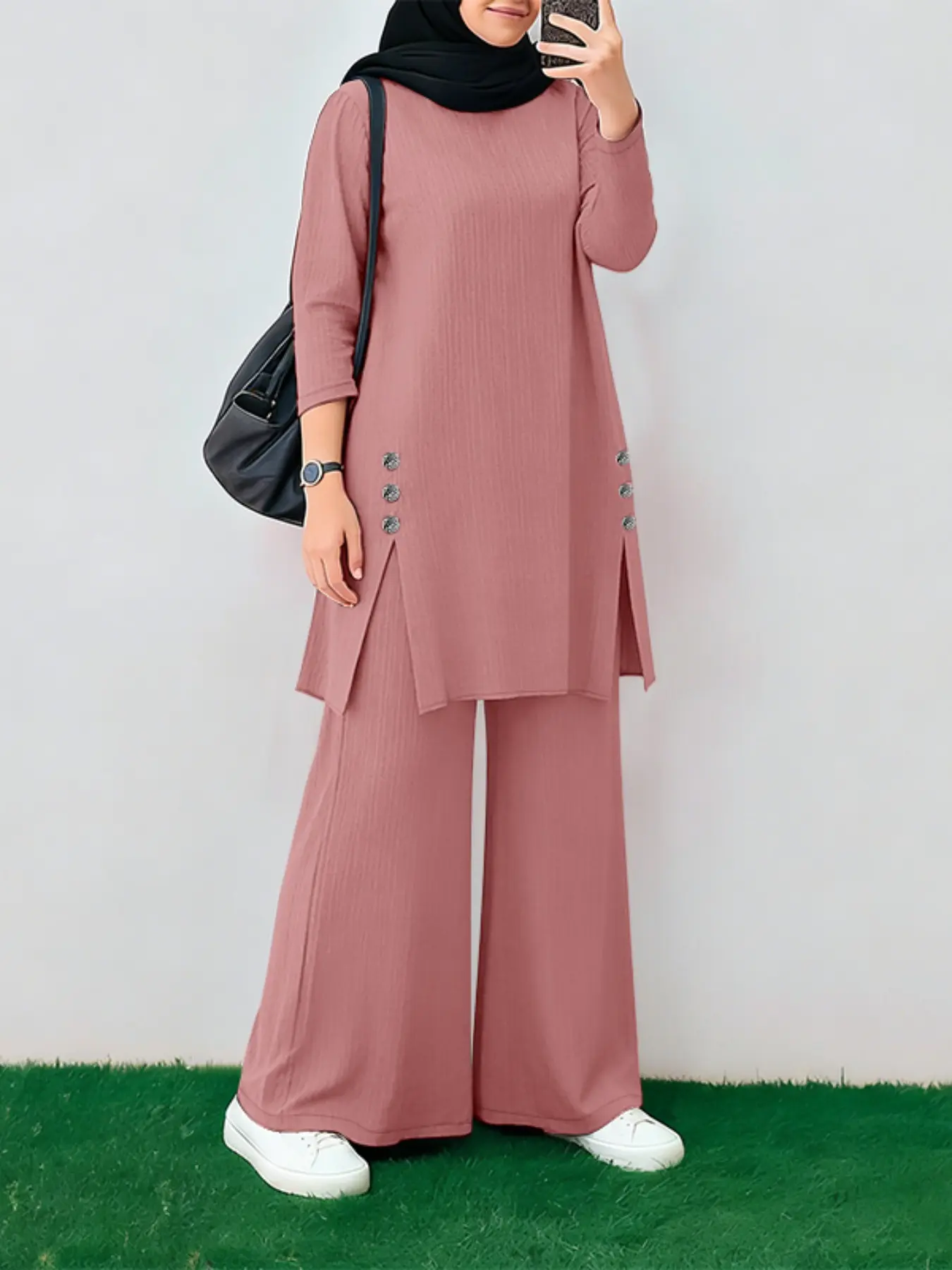 Women's Commuter Casual Modest Split Long Sleeve Tunic and Wide Leg Pants Two-Piece Set, Stylish Daily Wear, Comfortable and Trendy, Modesty Outfit