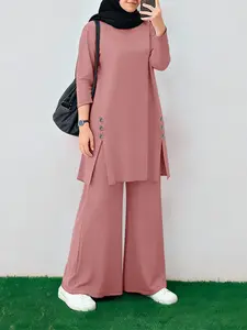 Women's Commuter Casual Split Design Long Sleeve Tunic Wide Leg Pants Two-Piece Set, Stylish Daily Wear, Comfortable and Trendy