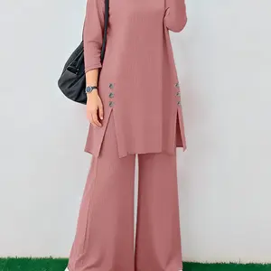 Women's Commuter Casual Split Design Long Sleeve Tunic Wide Leg Pants Two-Piece Set, Stylish Daily Wear, Comfortable and Trendy