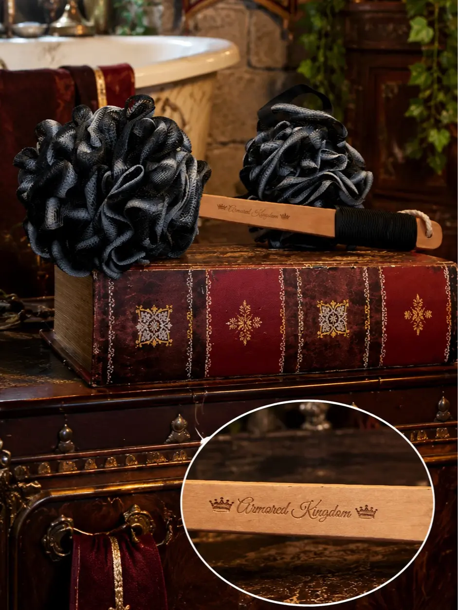Engraved Royal Bamboo Wooden Bath Loofah Set - The Armored Kingdom Signature Edition, Gentle Exfoliation Shower Tool, Durable Personal Care Bathing Accessory, Accessories