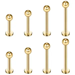8-Piece Gold Labret Stud Set, Flat Back Piercing Posts with Ball Tops in 4 Different Lengths, Durable Jewelry for Lip, Tragus & Cartilage Piercings
