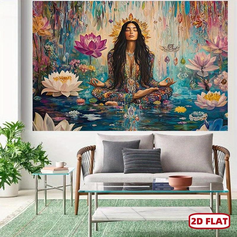 2D Flat Mystical Meditation Lotus Tapestry Vibrant Spiritual Wall Art with Serene Woman in Pose Colorful Flowers Butterflies Perfect for Christmas New Year Special Occasions Polyester Decor