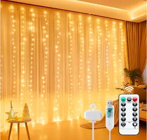 Curtain Lights, 300 LED Dimmable Fairy Lights Twinkle Lights with Remote and Timer, 8 Modes, USB Powered String Lights for Room Wall Party Xmas Indoor Decor, Warm White