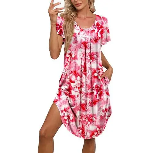 Women's Nighty Dress - Pleated Front, Loose-Fit, Short-Sleeve, with Hand Pockets, Comfortable Breathable Sleepwear for Home Relaxation (Sizes S-5XL) Women's Nighty Dress - Pleated Front, Loose-Fit, Short-Sleeve, with Hand Pockets, Comfortable Breathable Sleepwear for Home Relaxation (Sizes S-5XL)