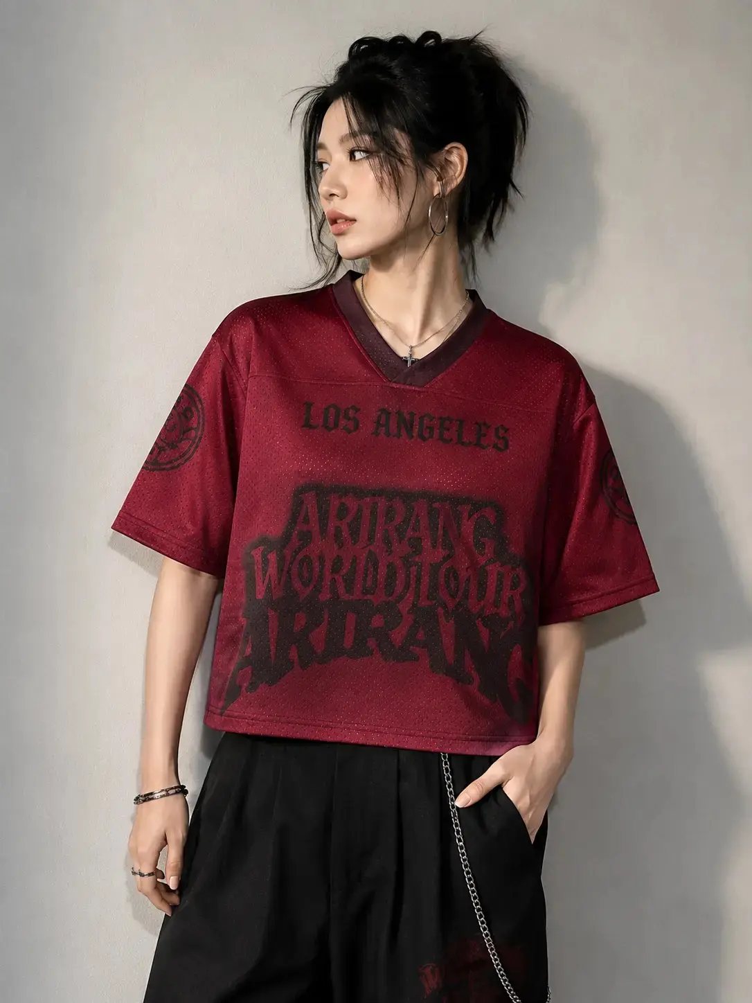 Y2K Grunge Arirang World Tour Jersey Crop Top | Aesthetic Korean Streetwear Los Angeles Athletic Mesh Tee V-Neck | Retro Gothic Punk Casual Hip Hop Jersey