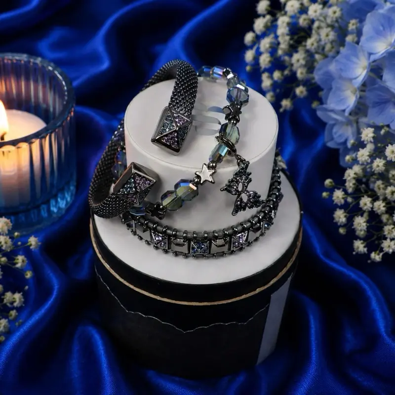 BOMB PARTY Winged Moonlight Bracelet Stack, Hematite-Plated Gemstone-Set Jewelry with a Witchcraft Aesthetic, Adjustable & Removable Mask Charm, Elegant, Halloween, Lab Created, Party Wear