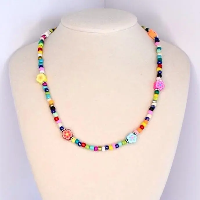 Festival Flower Necklace: Rainbow Seed Beads, Y2K Jewelry, Necklace for Layering