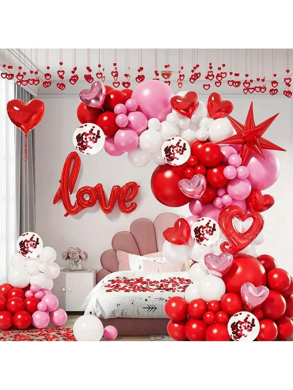 Valentine's Day Balloon Arch Flower Wreath Set with Pink, White, Red, Confetti Heart Balloons, Aluminum Foil Heart Balloon, Star Burst Balloon, Rose Petals for Anniversary Wedding Romantic Decoration