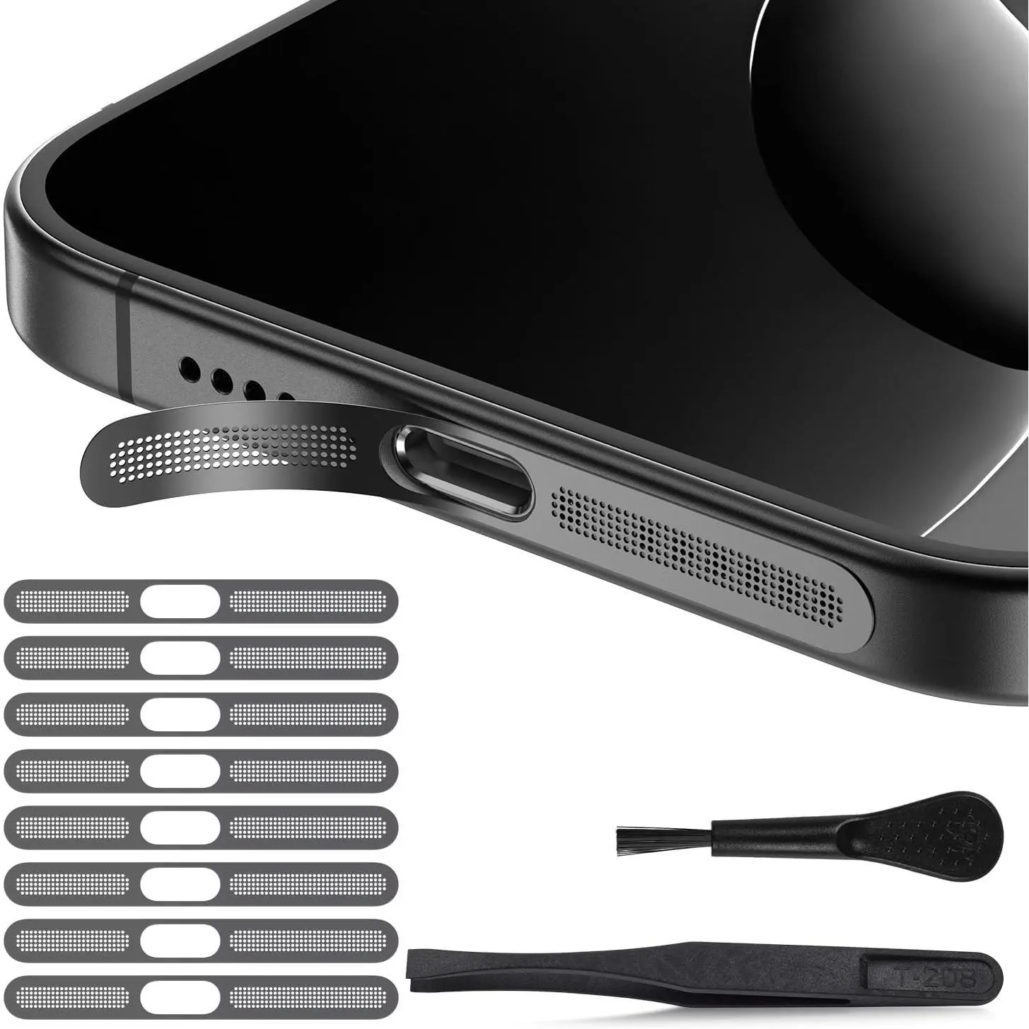 8-Count Titanium Synthetic Earpiece Speaker Mesh Anti-Dust Adhesive Stickers, Lightweight Dustproof Protection Accessories for iPhone 16 Pro, 16 Pro Max, 17 Port Cleaning, Custom-Designed