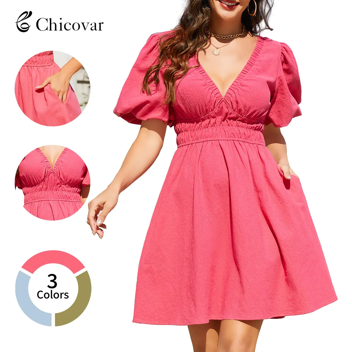 Chicovar On Sale！Women's Boho Puff Sleeve Textured Cotton Mini Dress with Pockets, Deep V Neck Smocked Waist Flowy Summer Dress, Lightweight, Perfect for Vacation, Daily Wear, Party, Church Casual Outfit Minimalist, Summervibes