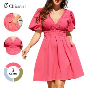 Chicovar Women's Boho Puff Sleeve Textured Cotton Mini Dress with Pockets, Deep V Neck Smocked Waist Flowy Summer Dress, Lightweight, Perfect for Vacation, Daily Wear, Party, Church Casual Outfit Minimalist, Summervibes