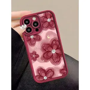 1pc Wine Red Ombre Red Flower Pattern Full Coverage TPU Shockproof Phone Case, Compatible With Apple 17,16, 15, 14, 13, 12, 11 Pro Max, Series Waterproof Anti-Fall Scratch Resistant