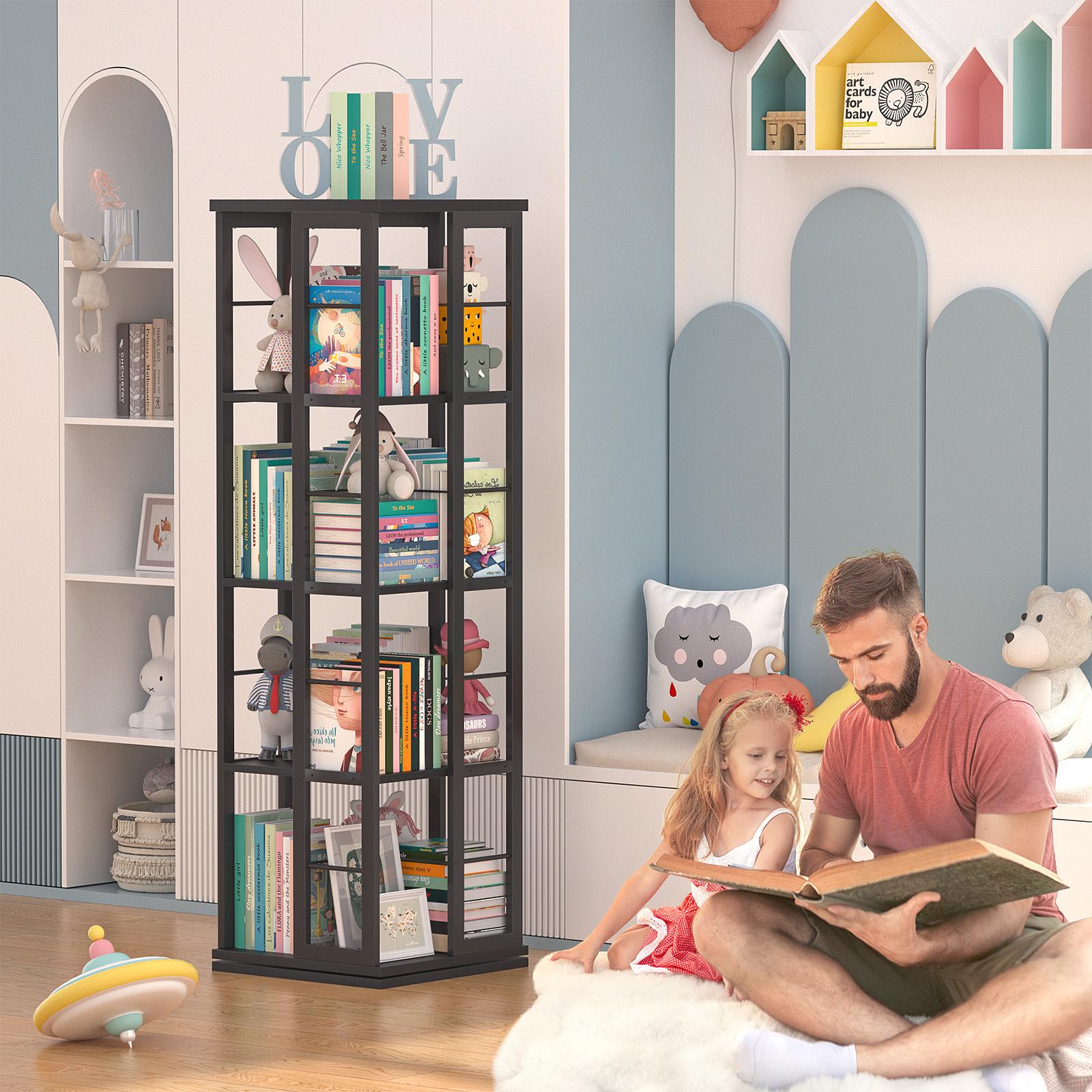 Rotating Bookshelf, Corner Bookcase, 360° Display Wood Spinning Bookshelves, Floor Standing Bookcases Narrow Shelf, 5 Tiers