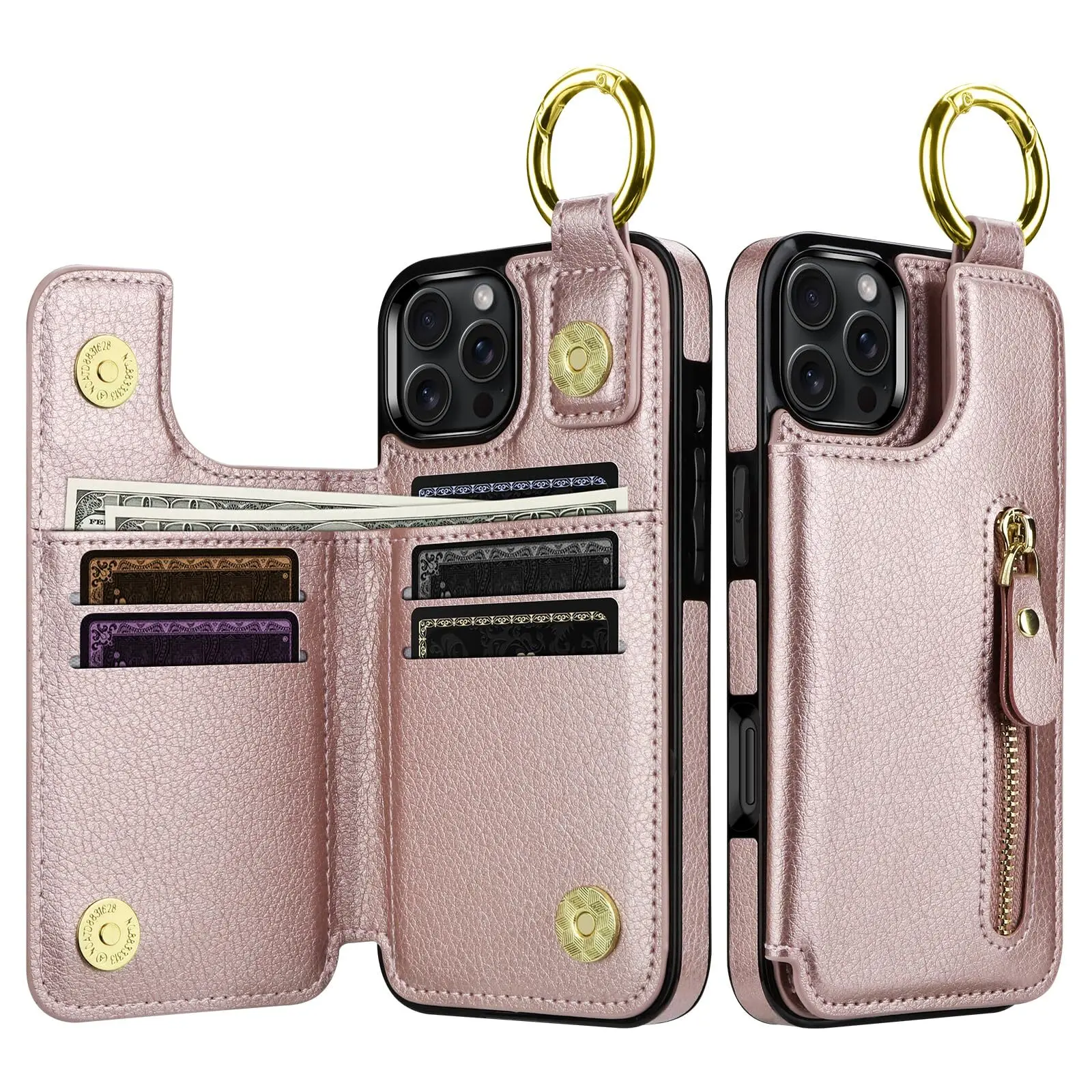 SAMONPOW for iPhone 16 Pro Case Wallet with Card Holder Folio Flip Premium PU Leather Kickstand Card Slots Case Double Magnetic Clasp Durable Shockproof Case for iPhone 16 Pro Rose Gold