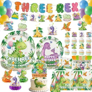NeoRov 202 Pcs Three Rex Birthday Decorations Boy Tableware Set - Service 24 Guests - Includes Banner, Cake Topper, Balloons, Plates And Napkins Paper Cup - For 3rd Birthday & Dinosaur Theme Parties