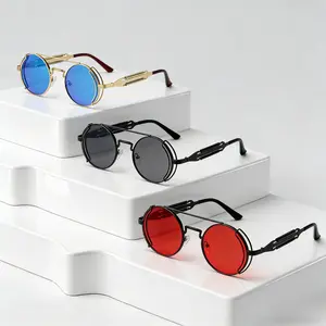 3 Pairs Vintage Steampunk Spring-Loaded Metal Round Sunglasses, Fashion Personality Gothic Double Bridge Party Glasses, Ideal for Cosplay and Daily Wear men eyewear