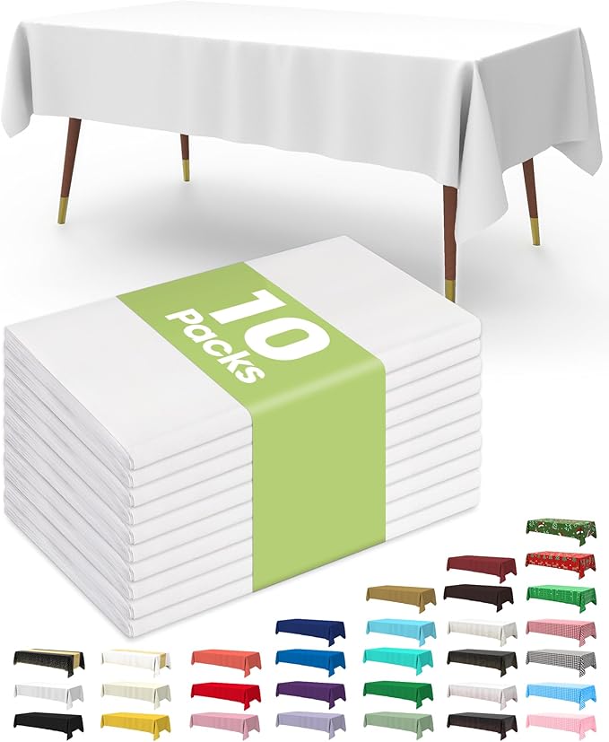 10 Pack Disposable Plastic Tablecloth 54 x 108 Inch Rectangle White Table Cover for Party Picnic Wedding, Waterproof Table Protector