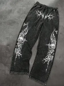 Men's Casual Sporty Long Pants, Thorn Totem Graphic Print, Drawstring Wide Leg, All Seasons Loose Fit, Casual Bohemian Trousers, Men's Fashion Clothing