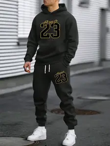 Men's New Spring & Autumn Set, Everyday Trendy Style with Digital 23 Print Pattern, Casual Sports Multi-Color Options, Long Sleeve Hoodie with Pocket, Adjustable Waistband, Two-Piece Outfit for Gym & Running