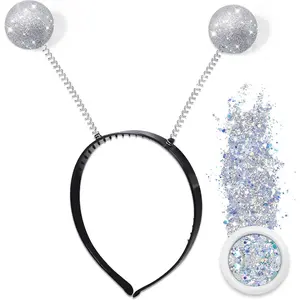 Glitter Alien Antenna Headband with Holographic Chunky Glitter & Ball Boppers, Silver Space Favors for Women