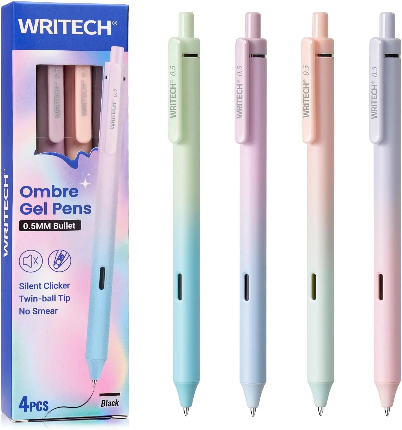 Gel Pens Fine Point: 0.5mm Black Ink Retractable 4ct Smooth Writing No Bleed with Aesthetic Gradient Color Pen Barrel for Journaling Note Taking Sketching