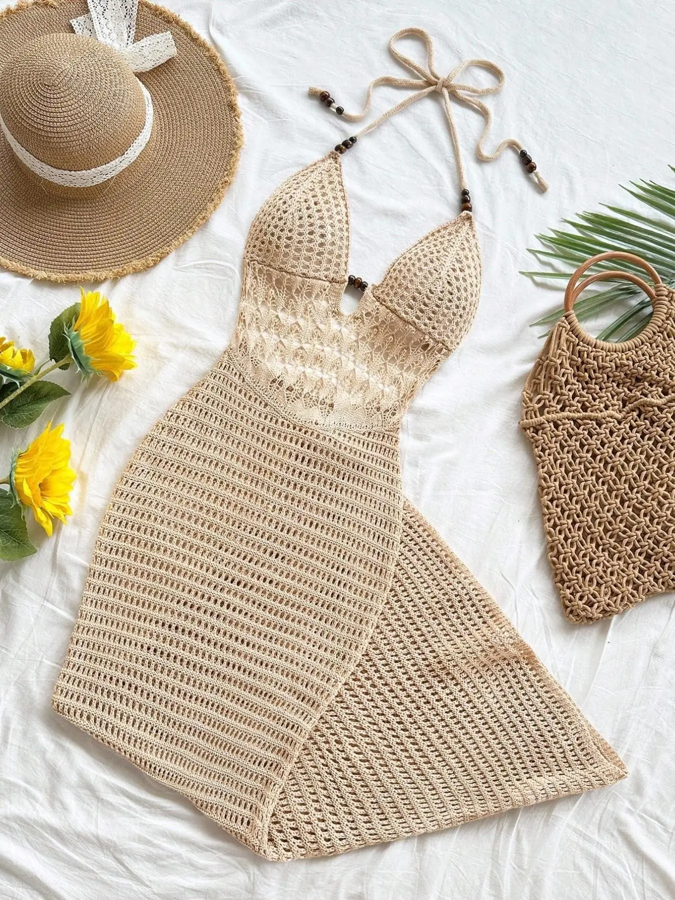Women's Halter Knit Dress, Boho Style Lace Up Beach Cover-Up, Summer Vacation, Casual & Comfortable Design
